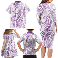 Polynesia Plumeria Lei Family Matching Long Sleeve Bodycon Dress and Hawaiian Shirt White Violet Curves Motif