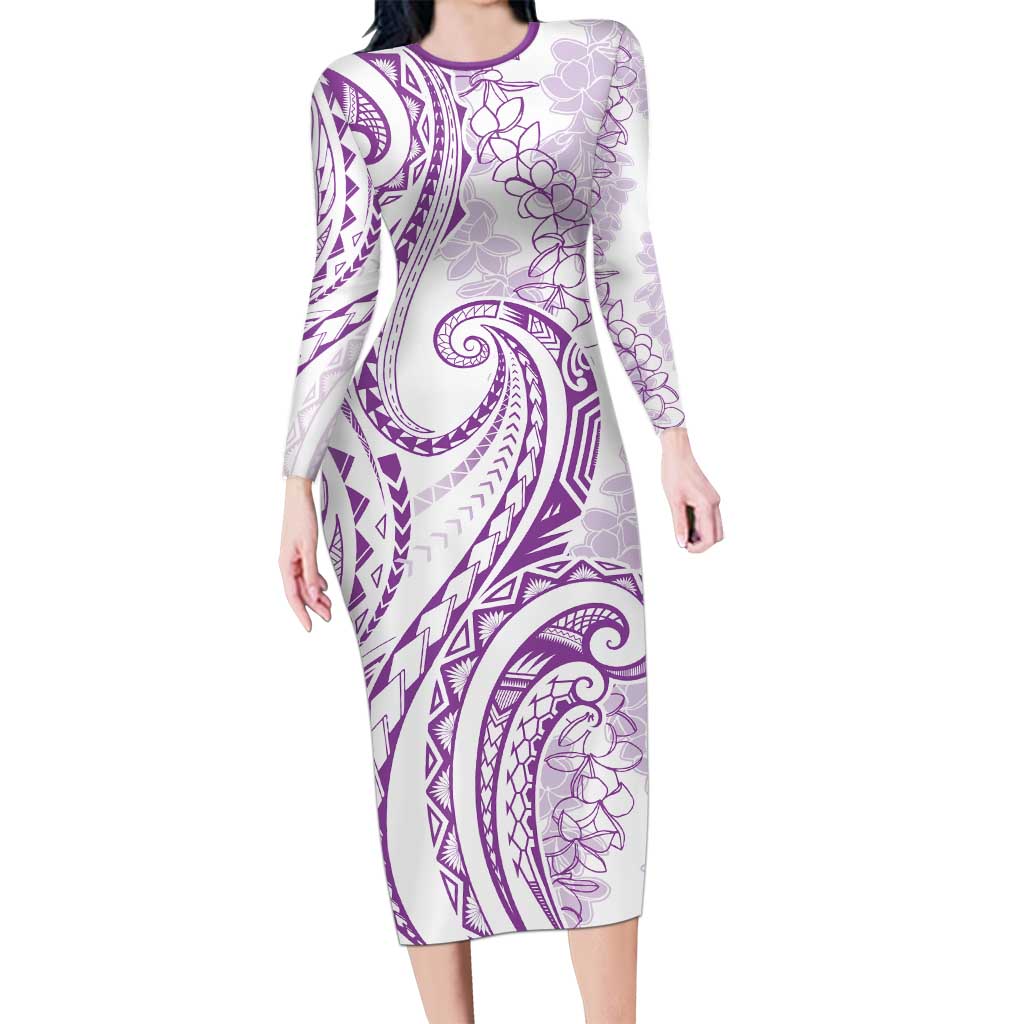Polynesia Plumeria Lei Family Matching Long Sleeve Bodycon Dress and Hawaiian Shirt White Violet Curves Motif
