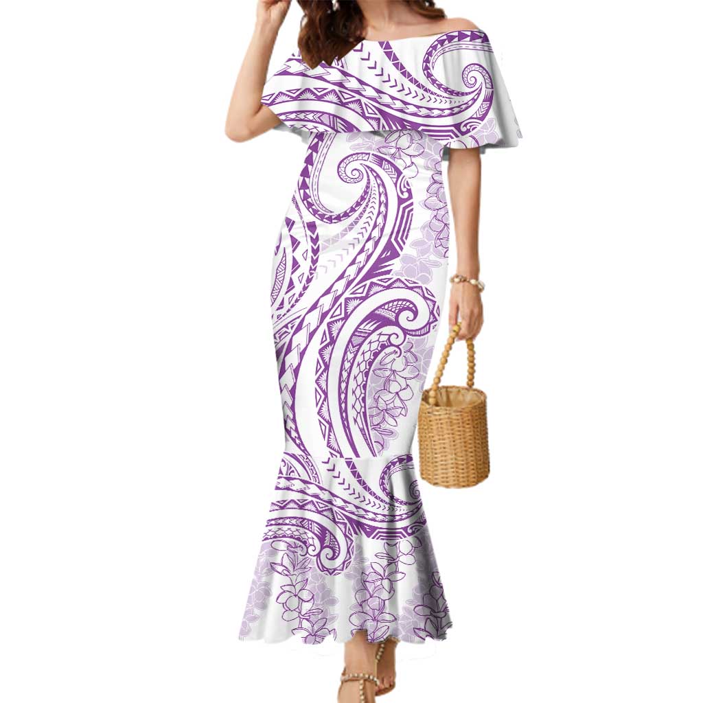 Polynesia Plumeria Lei Family Matching Mermaid Dress and Hawaiian Shirt White Violet Curves Motif