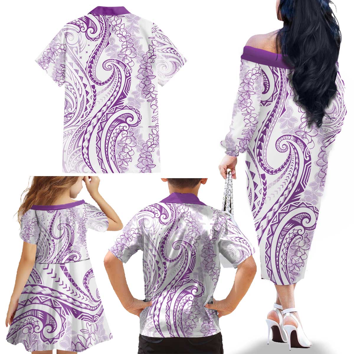 Polynesia Plumeria Lei Family Matching Off The Shoulder Long Sleeve Dress and Hawaiian Shirt White Violet Curves Motif