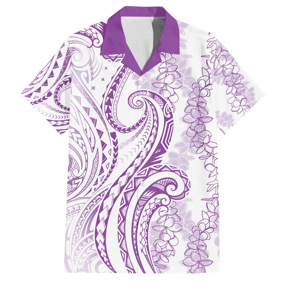 Polynesia Plumeria Lei Family Matching Off The Shoulder Long Sleeve Dress and Hawaiian Shirt White Violet Curves Motif
