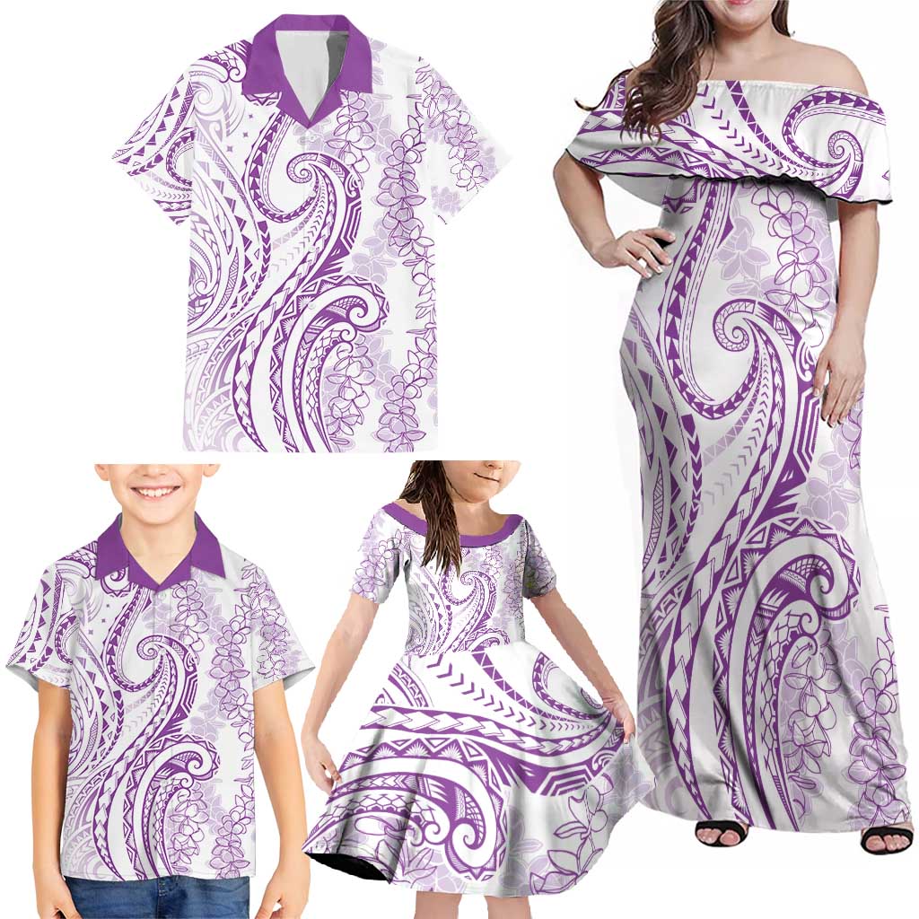 Polynesia Plumeria Lei Family Matching Off Shoulder Maxi Dress and Hawaiian Shirt White Violet Curves Motif