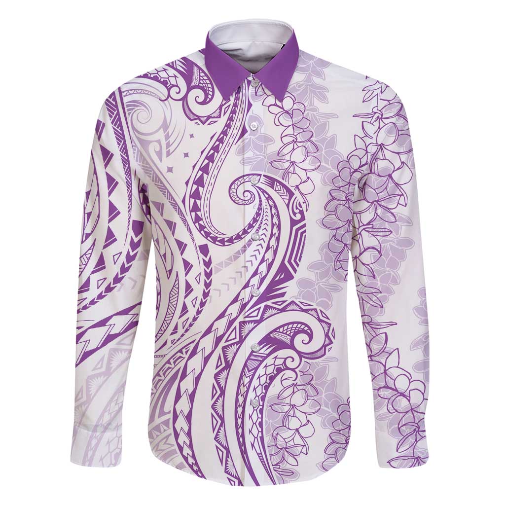 Polynesia Plumeria Lei Family Matching Off Shoulder Maxi Dress and Hawaiian Shirt White Violet Curves Motif LT7 Dad's Shirt - Long Sleeve Violet - Polynesian Pride