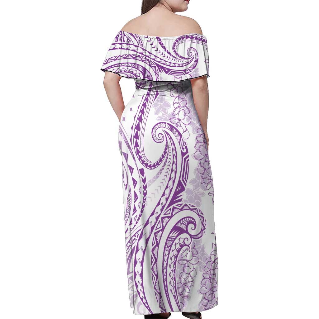 Polynesia Plumeria Lei Family Matching Off Shoulder Maxi Dress and Hawaiian Shirt White Violet Curves Motif LT7 - Polynesian Pride