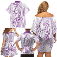 Polynesia Plumeria Lei Family Matching Off Shoulder Short Dress and Hawaiian Shirt White Violet Curves Motif LT7 - Polynesian Pride