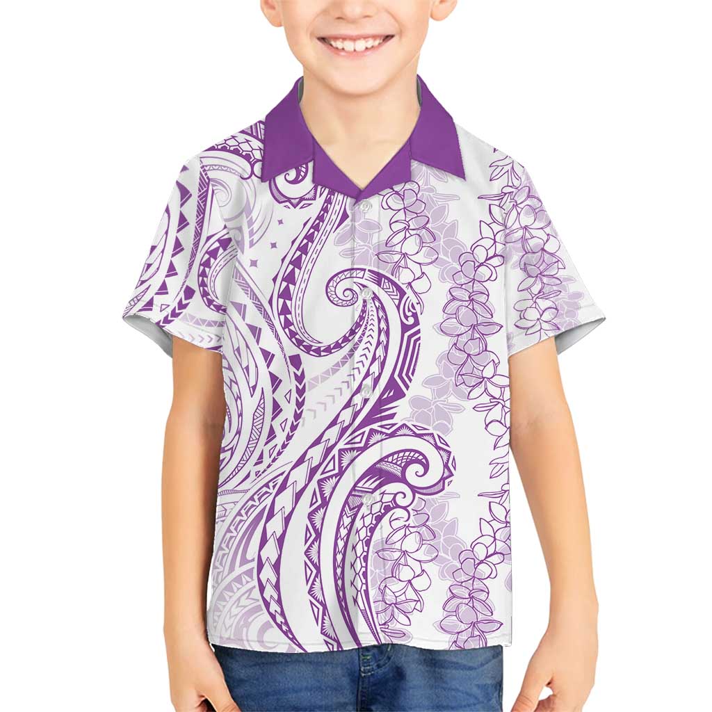 Polynesia Plumeria Lei Family Matching Puletasi and Hawaiian Shirt White Violet Curves Motif