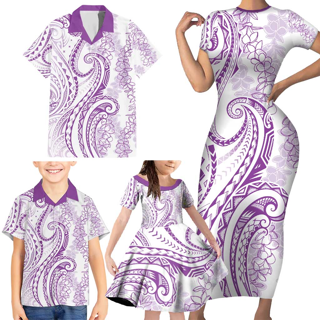 Polynesia Plumeria Lei Family Matching Short Sleeve Bodycon Dress and Hawaiian Shirt White Violet Curves Motif