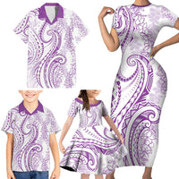 Polynesia Plumeria Lei Family Matching Short Sleeve Bodycon Dress and Hawaiian Shirt White Violet Curves Motif