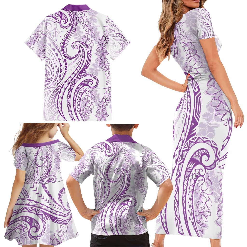 Polynesia Plumeria Lei Family Matching Short Sleeve Bodycon Dress and Hawaiian Shirt White Violet Curves Motif