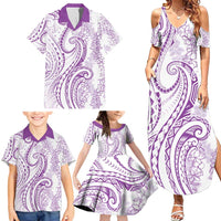 Polynesia Plumeria Lei Family Matching Summer Maxi Dress and Hawaiian Shirt White Violet Curves Motif LT7 - Polynesian Pride