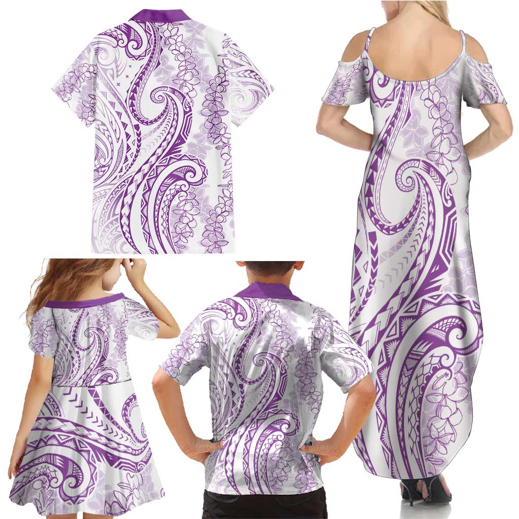 Polynesia Plumeria Lei Family Matching Summer Maxi Dress and Hawaiian Shirt White Violet Curves Motif LT7 - Polynesian Pride