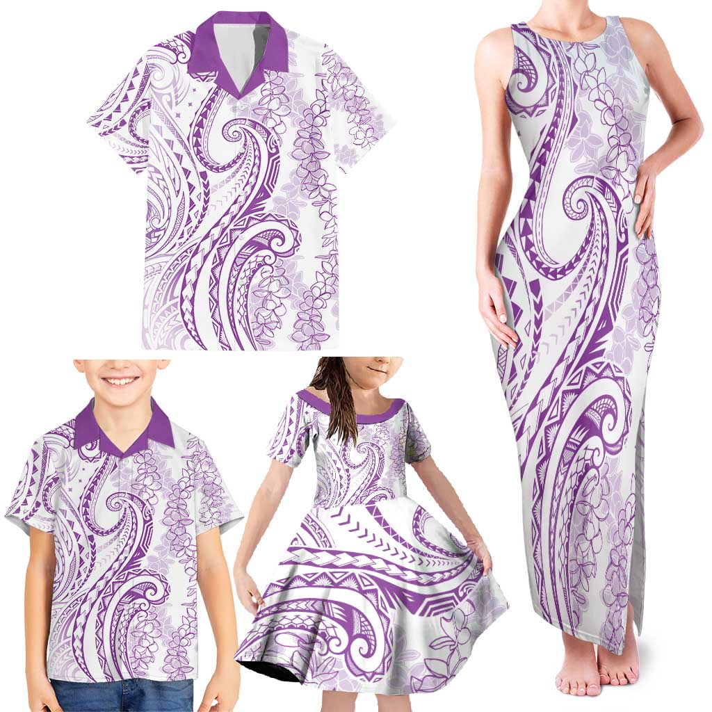 Polynesia Plumeria Lei Family Matching Tank Maxi Dress and Hawaiian Shirt White Violet Curves Motif