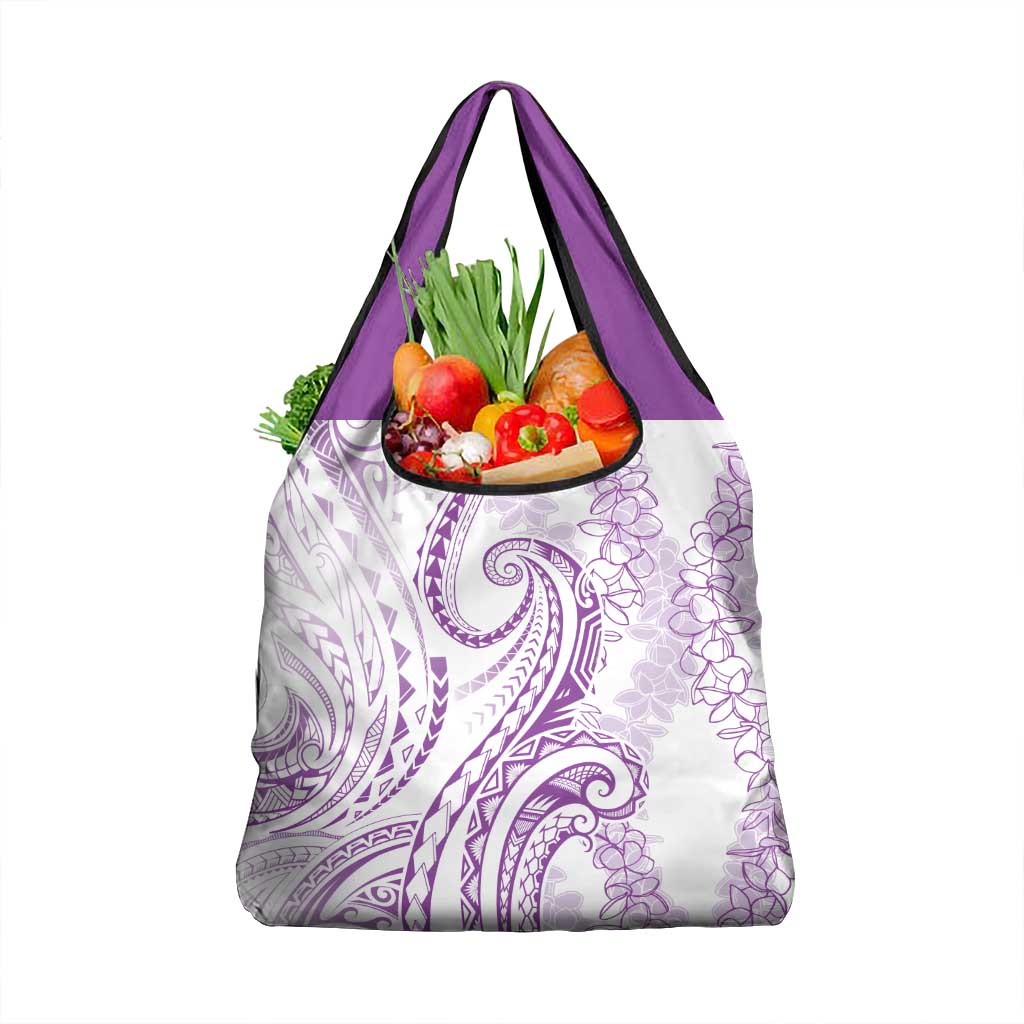Polynesia Plumeria Lei Grocery Bag White Violet Curves Motif
