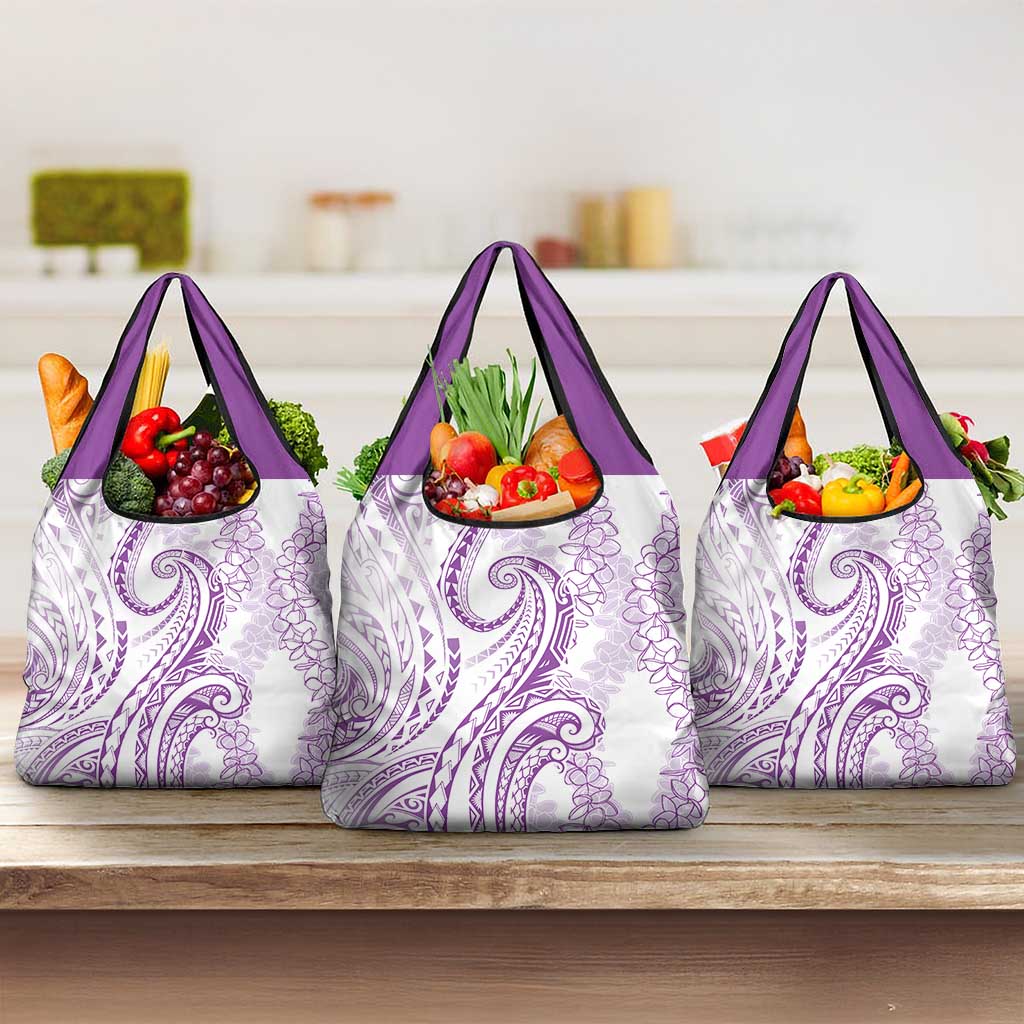 Polynesia Plumeria Lei Grocery Bag White Violet Curves Motif