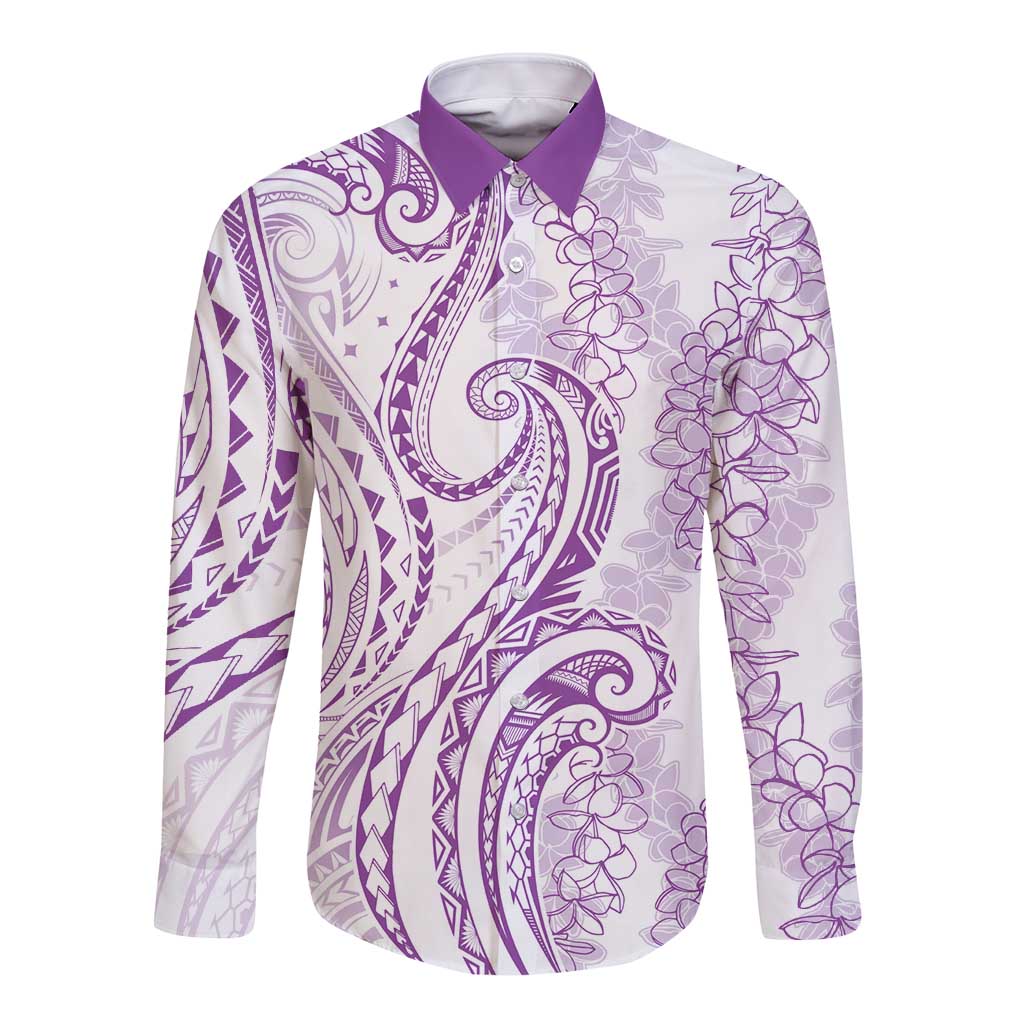 Polynesia Plumeria Lei Long Sleeve Button Shirt White Violet Curves Motif