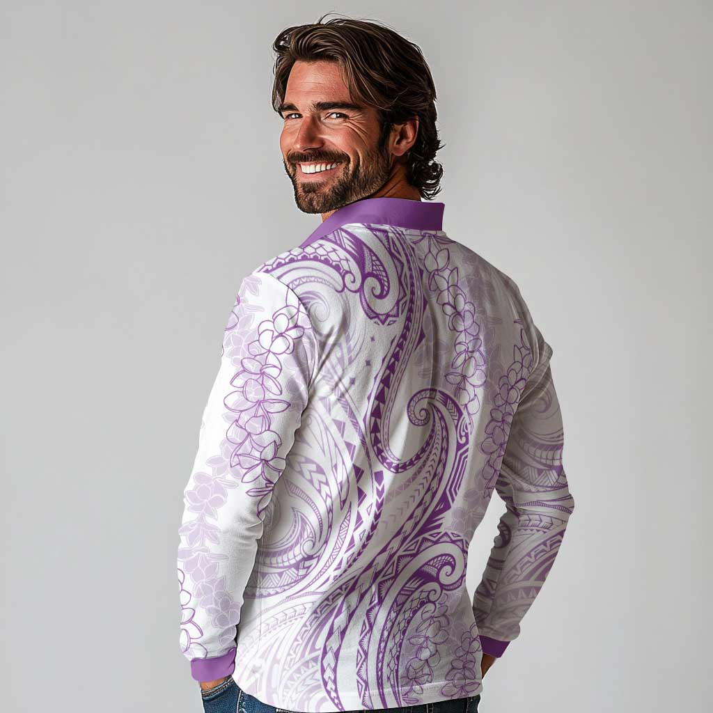 Polynesia Plumeria Lei Long Sleeve Polo Shirt White Violet Curves Motif