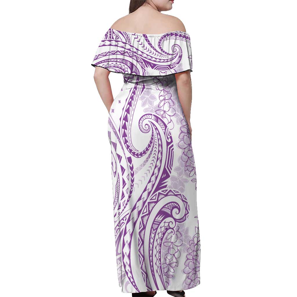 Polynesia Plumeria Lei Off Shoulder Maxi Dress White Violet Curves Motif
