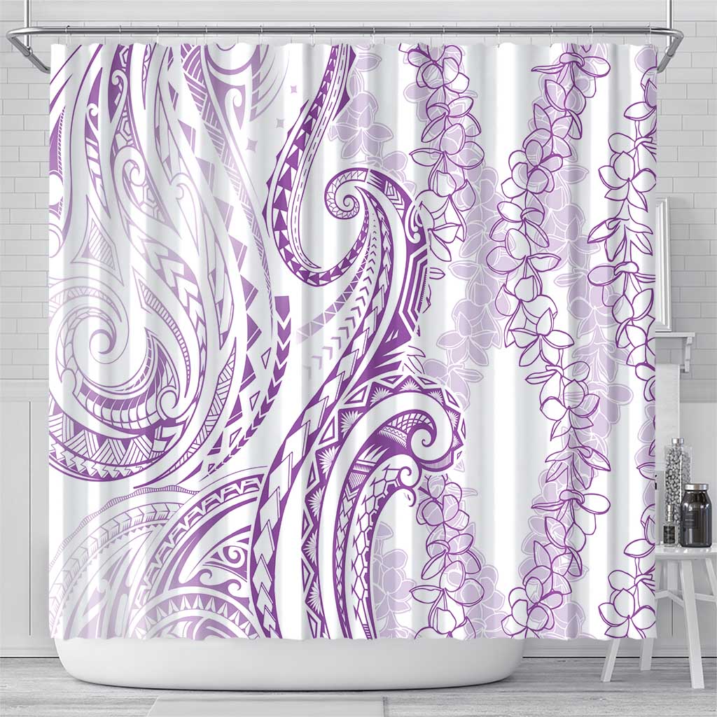 Polynesia Plumeria Lei Shower Curtain White Violet Curves Motif