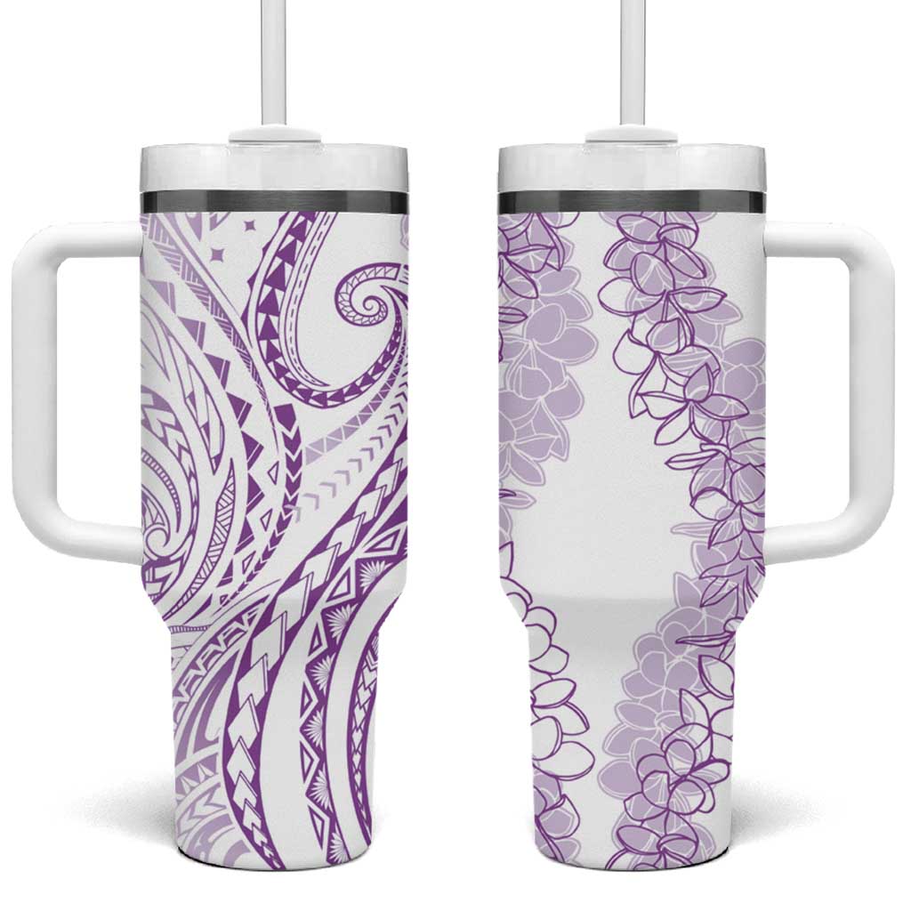 Polynesia Plumeria Lei Tumbler With Handle White Violet Curves Motif