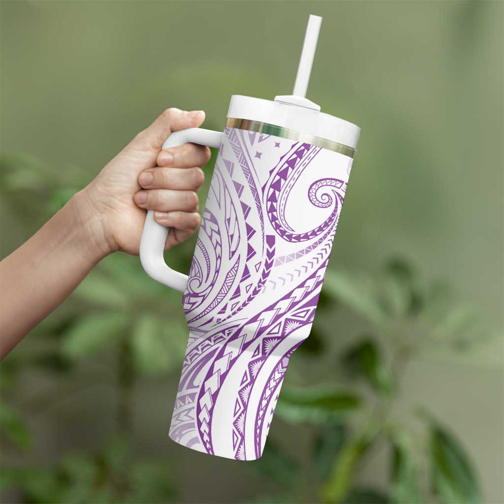 Polynesia Plumeria Lei Tumbler With Handle White Violet Curves Motif