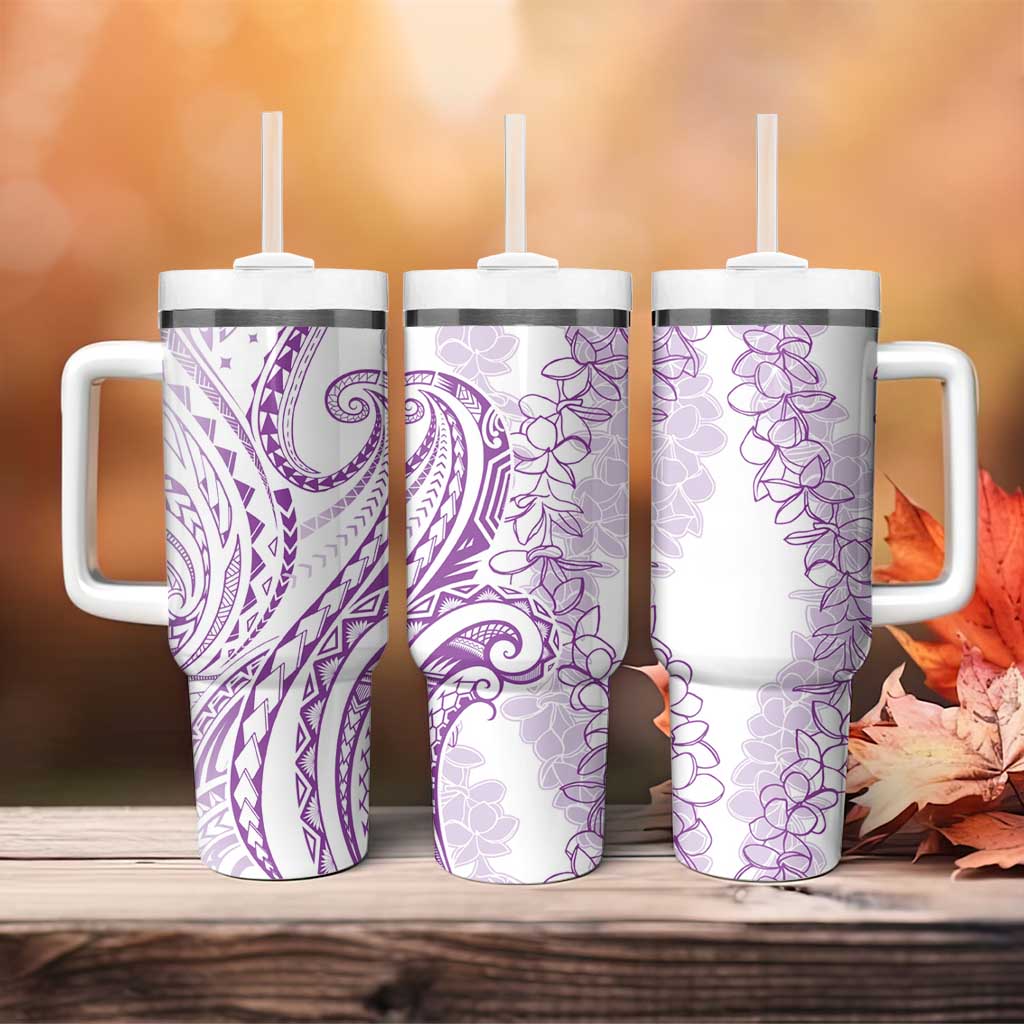 Polynesia Plumeria Lei Tumbler With Handle White Violet Curves Motif