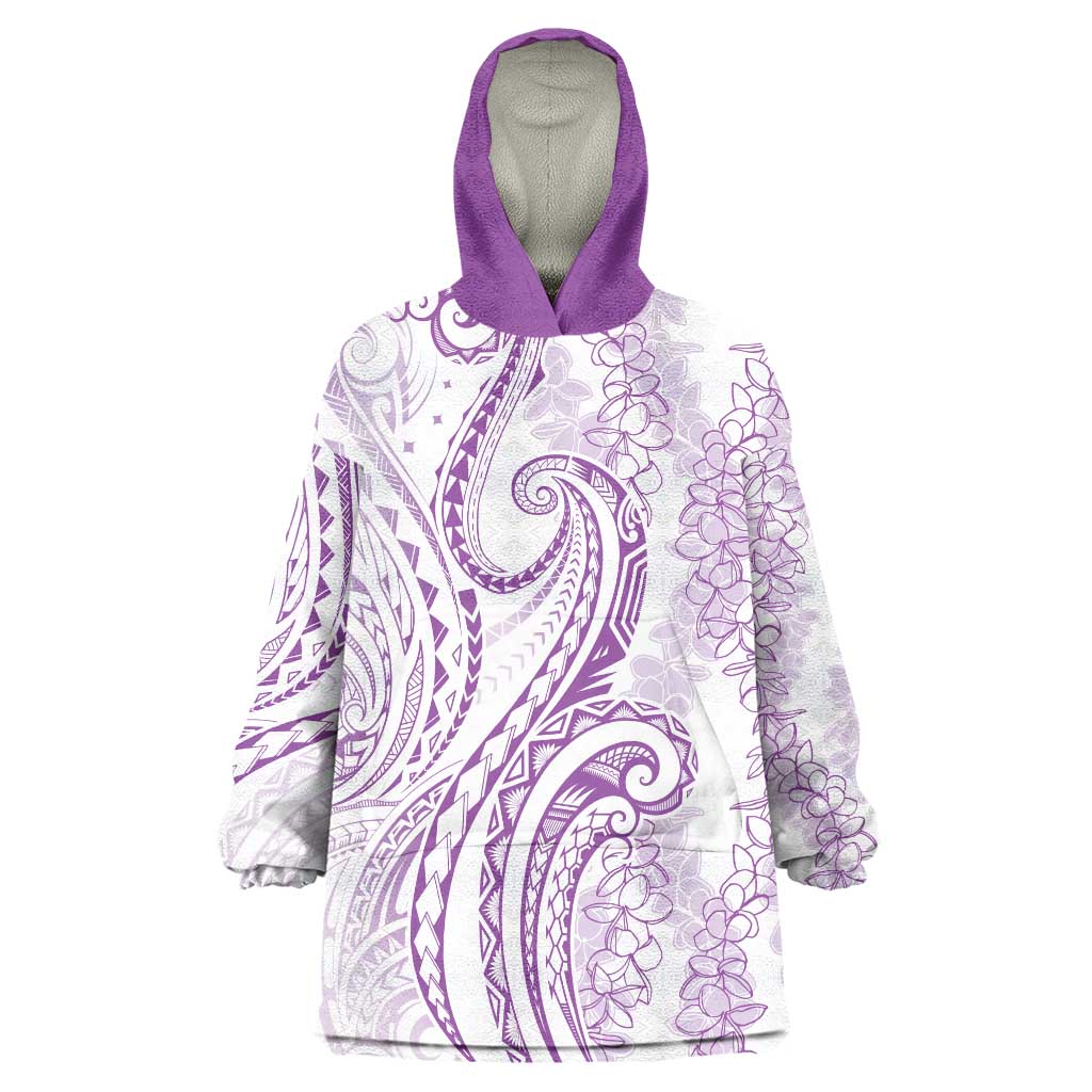 Polynesia Plumeria Lei Wearable Blanket Hoodie White Violet Curves Motif