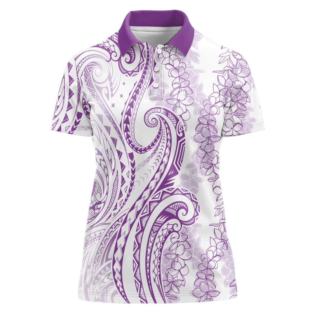 Polynesia Plumeria Lei Women Polo Shirt White Violet Curves Motif