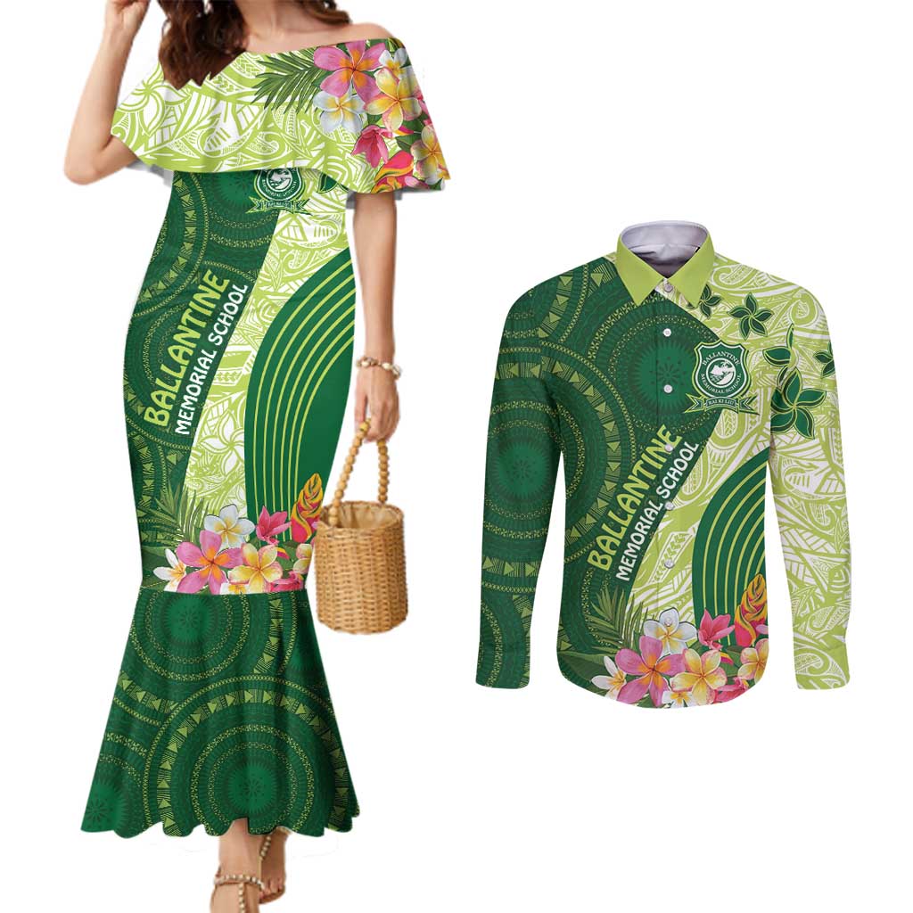 Fiji Ballantine Memorial High School Personalised Couples Matching Mermaid Dress and Long Sleeve Button Shirt Masi Tapa Mix Plumeria LT7 Green - Polynesian Pride