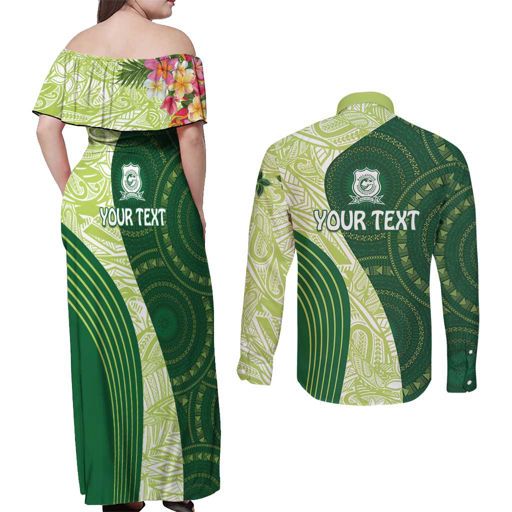Fiji Ballantine Memorial High School Personalised Couples Matching Off Shoulder Maxi Dress and Long Sleeve Button Shirt Masi Tapa Mix Plumeria LT7 - Polynesian Pride