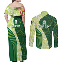 Fiji Ballantine Memorial High School Personalised Couples Matching Off Shoulder Maxi Dress and Long Sleeve Button Shirt Masi Tapa Mix Plumeria LT7 - Polynesian Pride