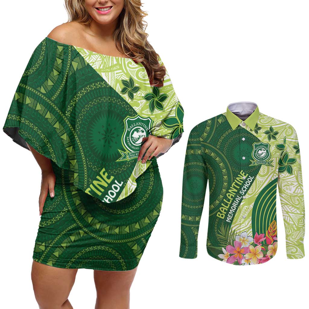Fiji Ballantine Memorial High School Personalised Couples Matching Off Shoulder Short Dress and Long Sleeve Button Shirt Masi Tapa Mix Plumeria LT7 Green - Polynesian Pride
