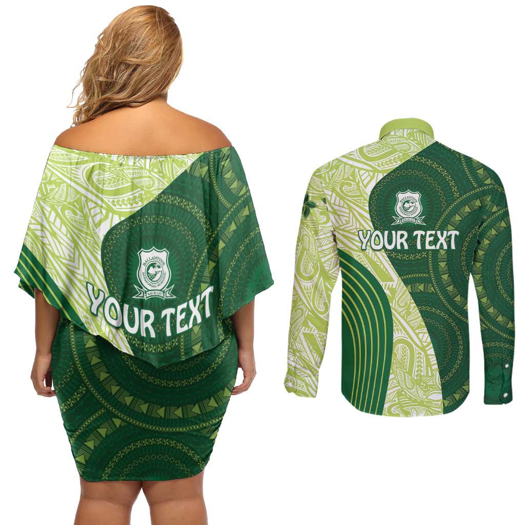 Fiji Ballantine Memorial High School Personalised Couples Matching Off Shoulder Short Dress and Long Sleeve Button Shirt Masi Tapa Mix Plumeria LT7 - Polynesian Pride