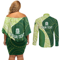 Fiji Ballantine Memorial High School Personalised Couples Matching Off Shoulder Short Dress and Long Sleeve Button Shirt Masi Tapa Mix Plumeria LT7 - Polynesian Pride