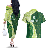 Fiji Ballantine Memorial High School Personalised Couples Matching Off The Shoulder Long Sleeve Dress and Hawaiian Shirt Masi Tapa Mix Plumeria