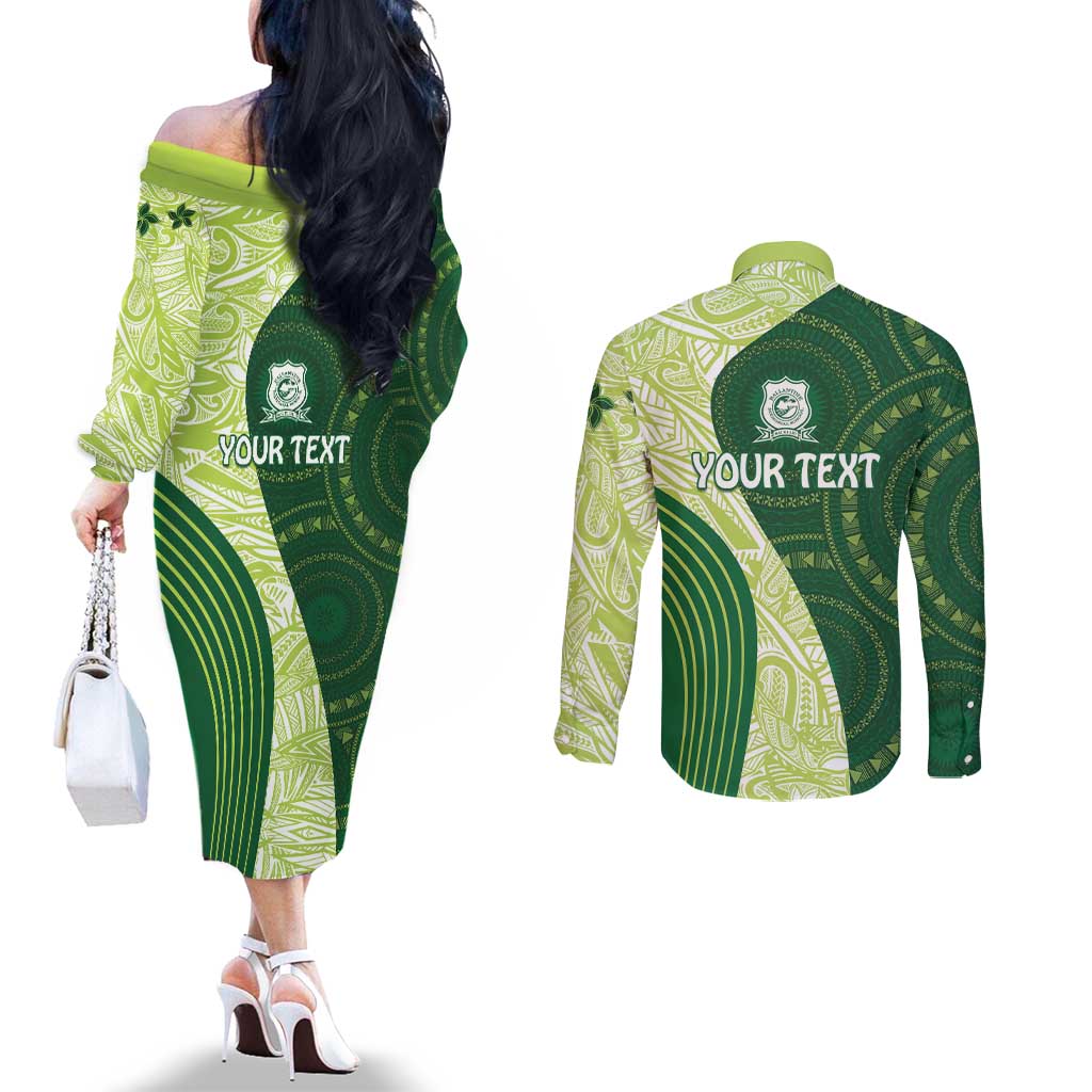 Fiji Ballantine Memorial High School Personalised Couples Matching Off The Shoulder Long Sleeve Dress and Long Sleeve Button Shirt Masi Tapa Mix Plumeria LT7 - Polynesian Pride