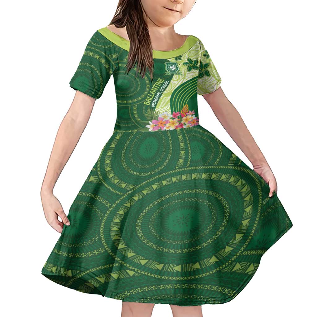 Fiji Ballantine Memorial High School Personalised Family Matching Long Sleeve Bodycon Dress and Hawaiian Shirt Masi Tapa Mix Plumeria LT7 Daughter's Dress Green - Polynesian Pride