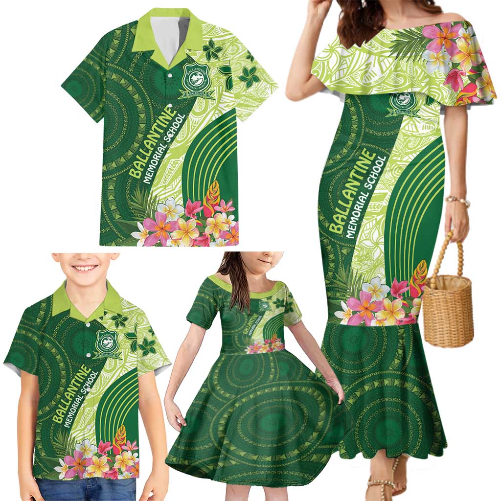 Fiji Ballantine Memorial High School Personalised Family Matching Mermaid Dress and Hawaiian Shirt Masi Tapa Mix Plumeria LT7 - Polynesian Pride