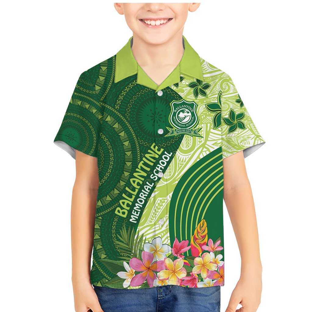 Fiji Ballantine Memorial High School Personalised Family Matching Mermaid Dress and Hawaiian Shirt Masi Tapa Mix Plumeria LT7 Son's Shirt Green - Polynesian Pride