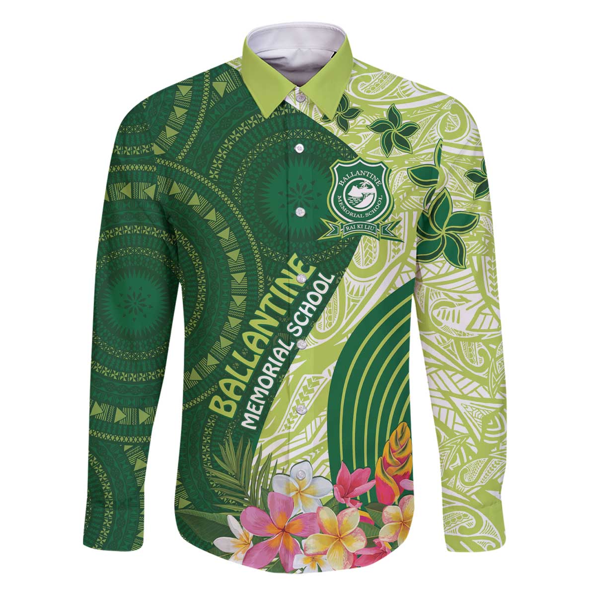 Fiji Ballantine Memorial High School Personalised Family Matching Puletasi and Hawaiian Shirt Masi Tapa Mix Plumeria LT7 Dad's Shirt - Long Sleeve Green - Polynesian Pride