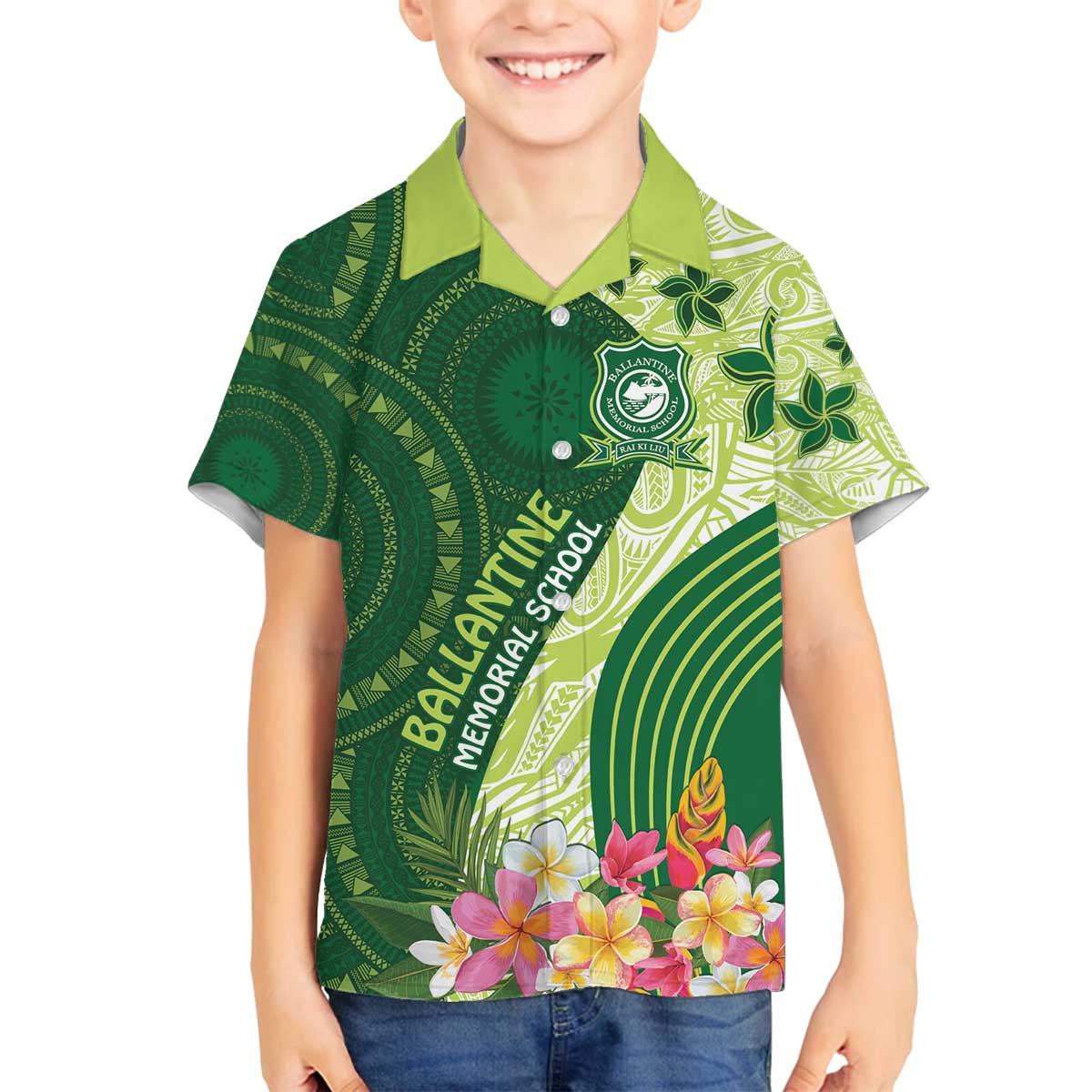 Fiji Ballantine Memorial High School Personalised Family Matching Puletasi and Hawaiian Shirt Masi Tapa Mix Plumeria LT7 Son's Shirt Green - Polynesian Pride