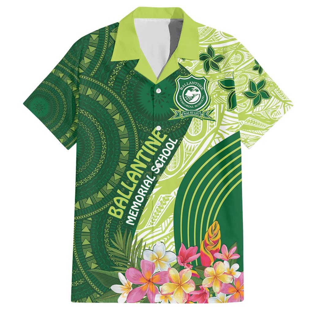 Fiji Ballantine Memorial High School Personalised Family Matching Short Sleeve Bodycon Dress and Hawaiian Shirt Masi Tapa Mix Plumeria LT7 Dad's Shirt - Short Sleeve Green - Polynesian Pride