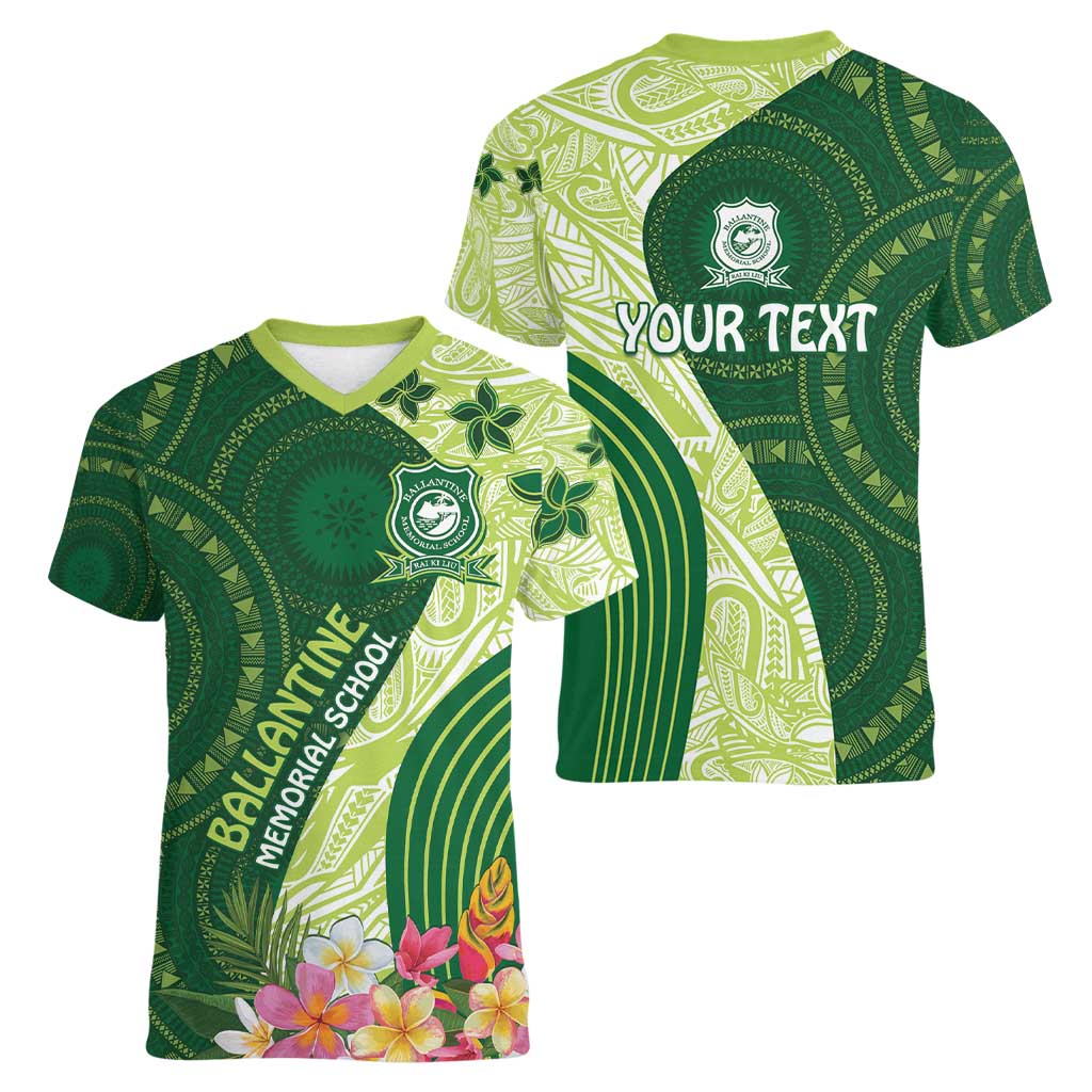 Fiji Ballantine Memorial High School Personalised Women V-Neck T-Shirt Masi Tapa Mix Plumeria