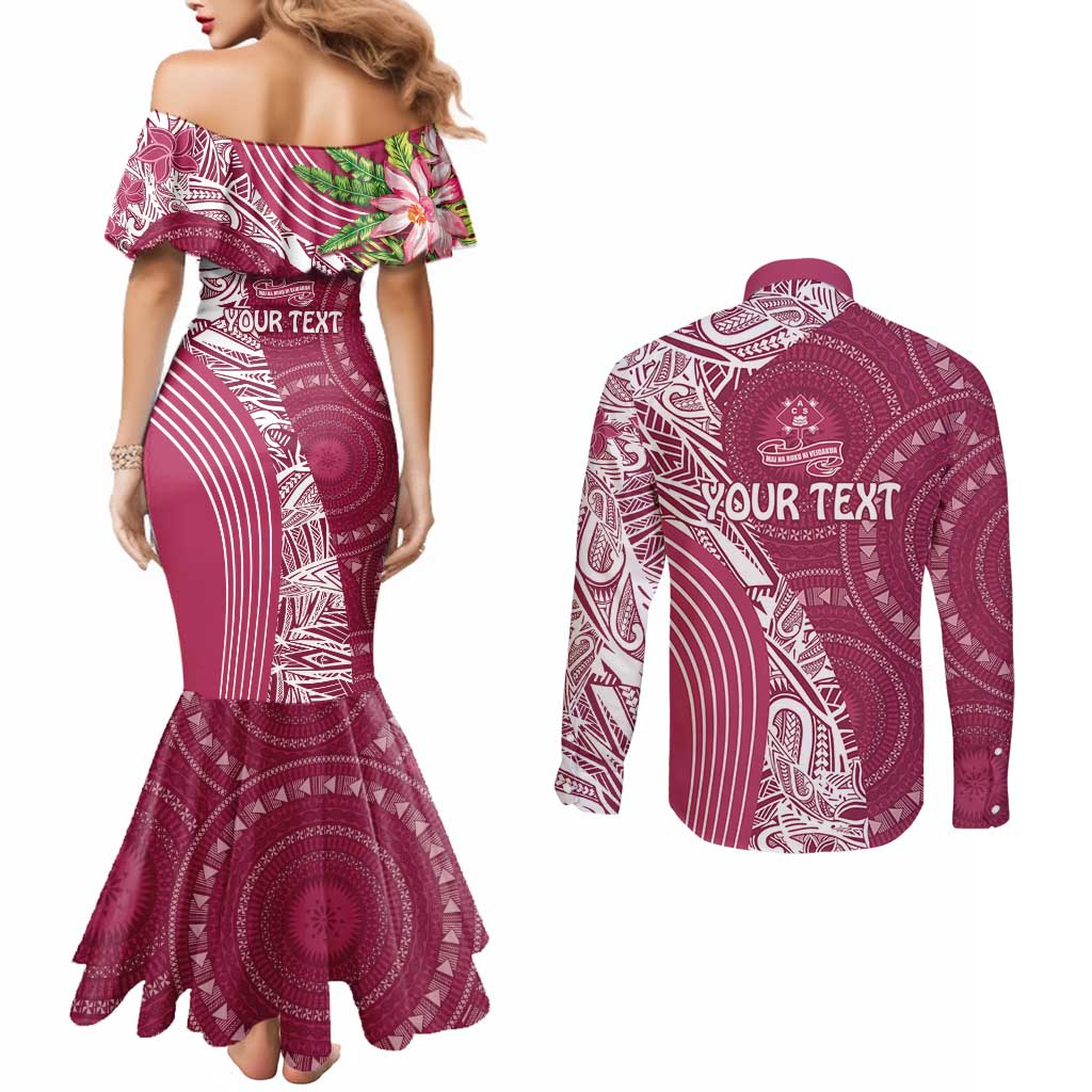 Fiji Adi Cakobau School Personalised Couples Matching Mermaid Dress and Long Sleeve Button Shirt Masi Tapa Mix Plumeria LT7 - Polynesian Pride