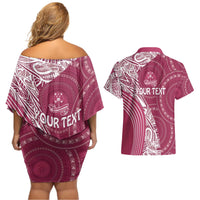 Fiji Adi Cakobau School Personalised Couples Matching Off Shoulder Short Dress and Hawaiian Shirt Masi Tapa Mix Plumeria