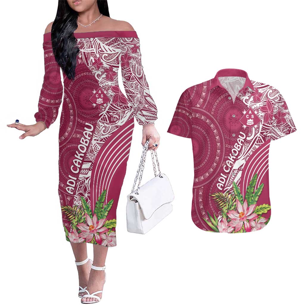Fiji Adi Cakobau School Personalised Couples Matching Off The Shoulder Long Sleeve Dress and Hawaiian Shirt Masi Tapa Mix Plumeria