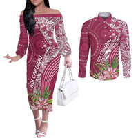 Fiji Adi Cakobau School Personalised Couples Matching Off The Shoulder Long Sleeve Dress and Long Sleeve Button Shirt Masi Tapa Mix Plumeria LT7 Maroon - Polynesian Pride