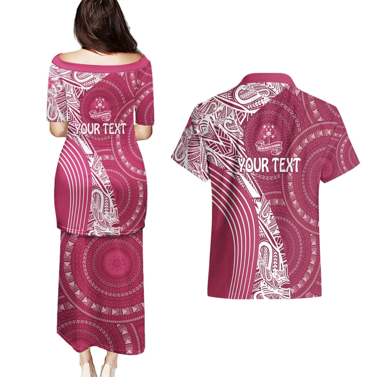 Fiji Adi Cakobau School Personalised Couples Matching Puletasi and Hawaiian Shirt Masi Tapa Mix Plumeria