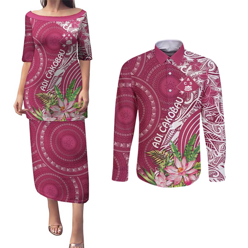 Fiji Adi Cakobau School Personalised Couples Matching Puletasi and Long Sleeve Button Shirt Masi Tapa Mix Plumeria