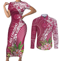 Fiji Adi Cakobau School Personalised Couples Matching Short Sleeve Bodycon Dress and Long Sleeve Button Shirt Masi Tapa Mix Plumeria LT7 Maroon - Polynesian Pride