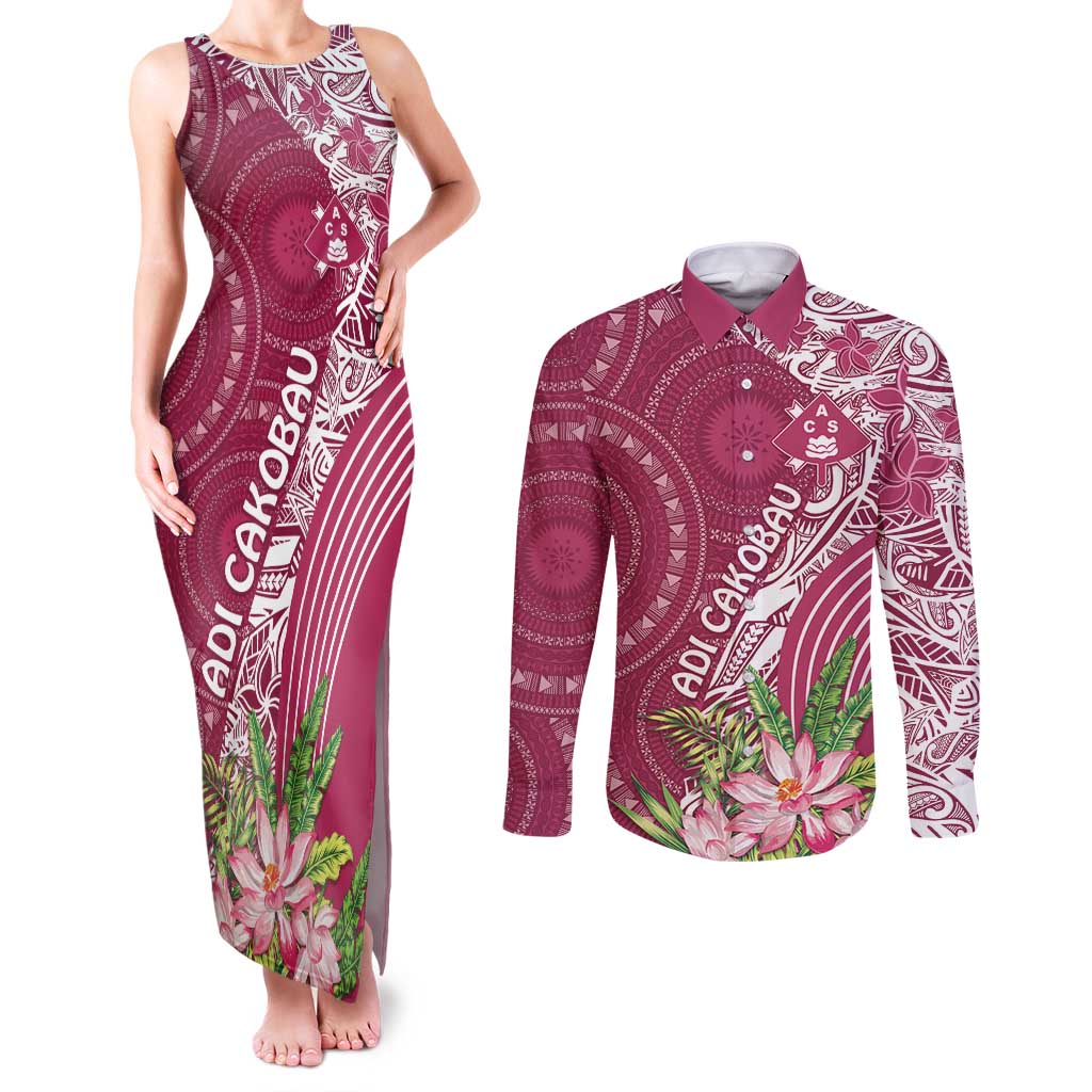 Fiji Adi Cakobau School Personalised Couples Matching Tank Maxi Dress and Long Sleeve Button Shirt Masi Tapa Mix Plumeria LT7 Maroon - Polynesian Pride